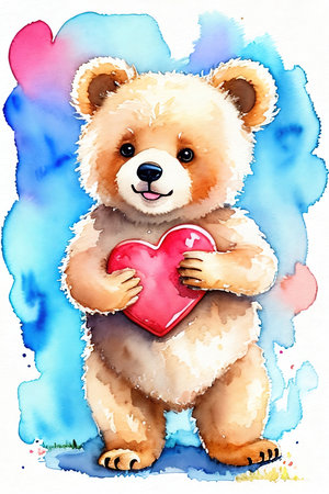 Cute little bear cub holding a heart. Watercolor drawing.の素材