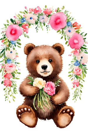 Cute little bear cub holding flower bouquet. Watercolor drawing.の素材