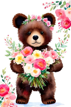 Cute little bear cub holding flower bouquet. Watercolor drawing.の素材