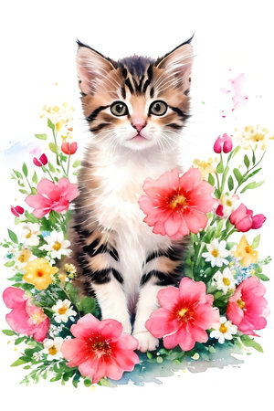 Cute little kitten kitten surrounded by flowers. Watercolor drawing.の素材