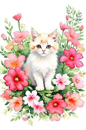Cute little kitten kitten surrounded by flowers. Watercolor drawing.の素材