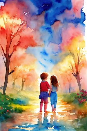 A girl and a boy are walking along a path in the woods. Watercolor drawing.の素材