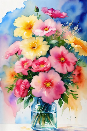 Bouquet of flowers in a vase, watercolor drawing.の素材