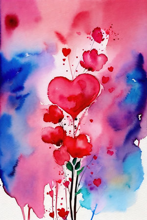 Hearts and flowers. Watercolor drawing.の素材