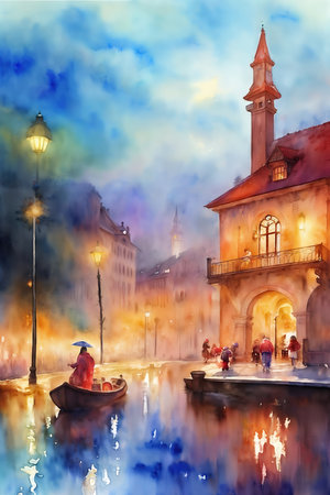 Rainy cityscape. Watercolor drawing.の素材