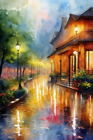 Rainy cityscape. Watercolor drawing.の素材
