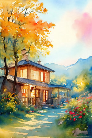 Illustration of a house in countryside. Rural watercolor landscape.の素材