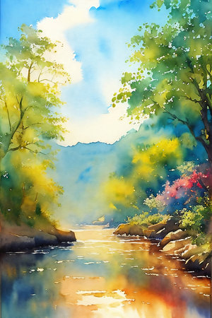 Colorful illustration of a river. Watercolor drawing.の素材