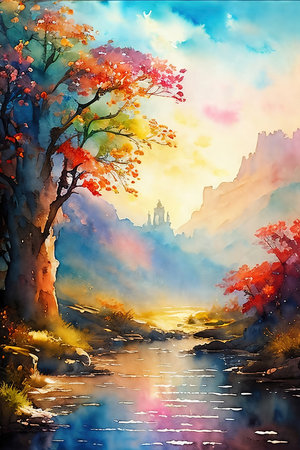 Colorful fantasy illustration of river and mountain landscape. Watercolor drawing.の素材