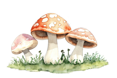 Various mushrooms on the grass. Isolated forest composition with alpha channel. AI generated.の素材