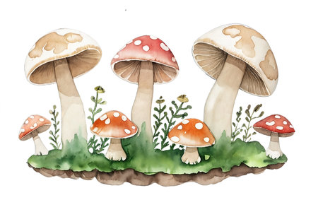 Various mushrooms on the grass. Isolated forest composition with alpha channel. AI generated.の素材