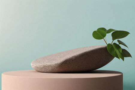 Podium for product presentation. Stone and tropical leaves background with empty space. AI generated.の素材