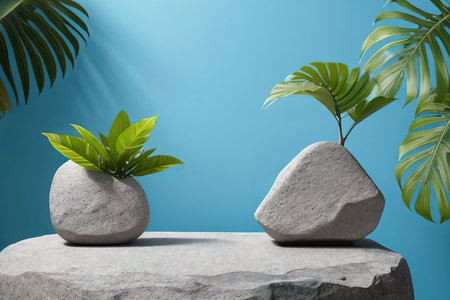 Podium for product presentation. Stone and tropical leaves background with empty space. AI generated.の素材