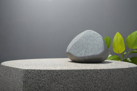 Podium for product presentation. Stone and tropical leaves background with empty space. AI generated.の素材