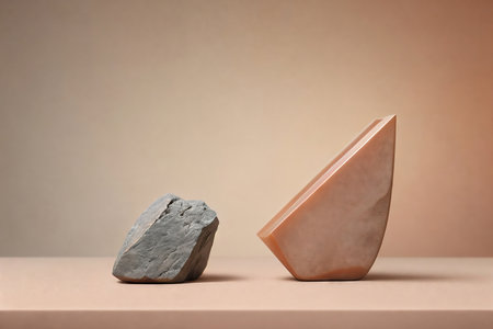 Podium for product presentation with stones and tropical leaves in peach fuzz tones background. AI generated.の素材