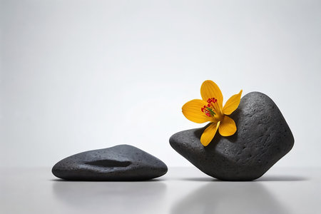 Podium for product presentation with stones and tropical leaves on background. AI generated.の素材