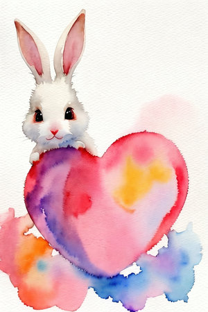 Cute rabbit with a heart in watercolor technique. AI generated.の素材