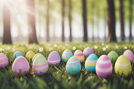 Easter eggs on the pastel background.の素材