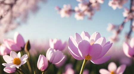 Spring background with beautiful flowers and sunshine.の素材