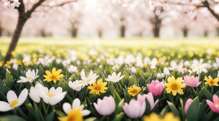 Spring background with beautiful flowers and sunshine.の素材