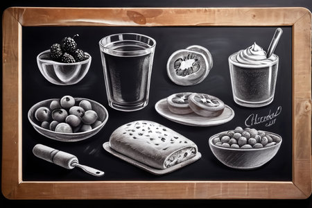 Black board with pictures of food. Ai generated.の素材