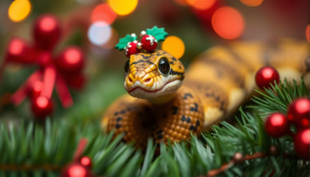 Snake and Christmas tree background. AI generated.の素材