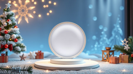 Podium for product presentation with Christmas decoration. AI generated.の素材
