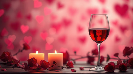 Romantic background with wine, candles and rose petals. Ai generated.の素材