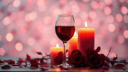 Romantic background with wine, candles and rose petals. Ai generated.の素材