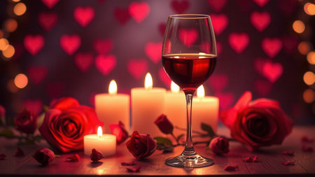Romantic background with wine, candles and rose petals. Ai generated.の素材