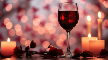 Romantic background with wine, candles and rose petals. Ai generated.の素材