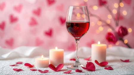 Romantic background with wine, candles and rose petals. Ai generated.の素材