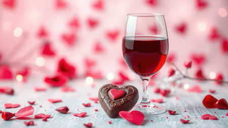 Romantic background with wine, chocolate sweets and rose petals. Ai generated.の素材