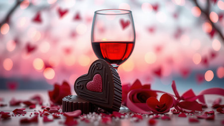 Romantic background with wine, chocolate sweets and rose petals. Ai generated.の素材