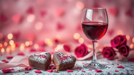 Romantic background with wine, chocolate sweets and rose petals. Ai generated.の素材