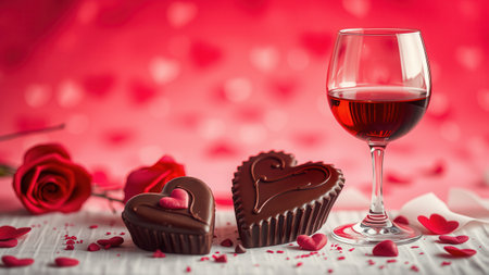 Romantic background with wine, chocolate sweets and rose petals. Ai generated.の素材