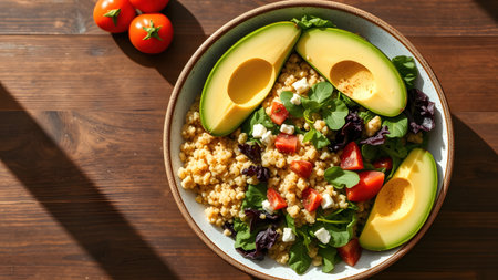 Bowl of healthy food including avocado, greens, vegetables and porridge. AI generated.の素材