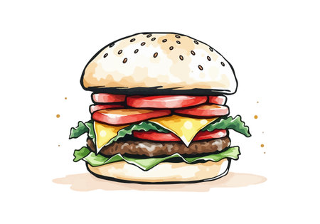 Watercolor vector illustration of a burger. AI generated.の素材