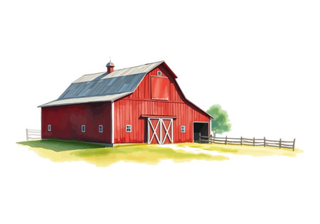 Watercolor vector illustration of a red barn. AI generated.の素材