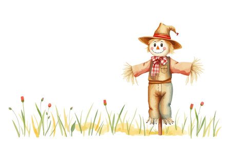Watercolor vector illustration of a scarecrow. AI generated.の素材