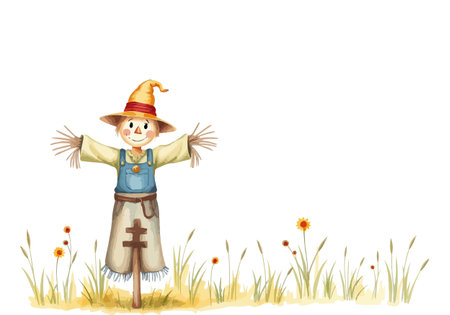Watercolor vector illustration of a scarecrow. AI generated.の素材