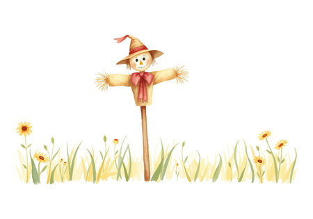 Watercolor vector illustration of a scarecrow. AI generated.の素材