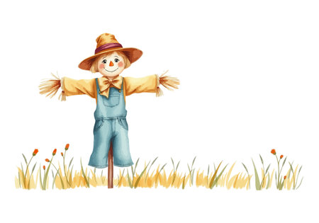 Watercolor vector illustration of a scarecrow. AI generated.の素材