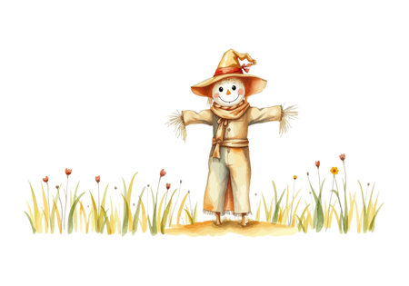 Watercolor vector illustration of a scarecrow. AI generated.の素材