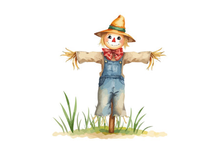 Watercolor vector illustration of a scarecrow. AI generated.の素材