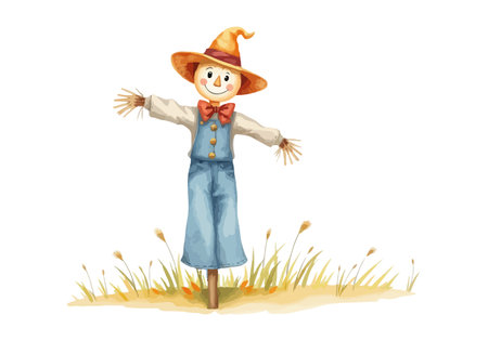 Watercolor vector illustration of a scarecrow. AI generated.の素材