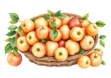 Watercolor vector illustration of a basket full of apples. AI generated.の素材