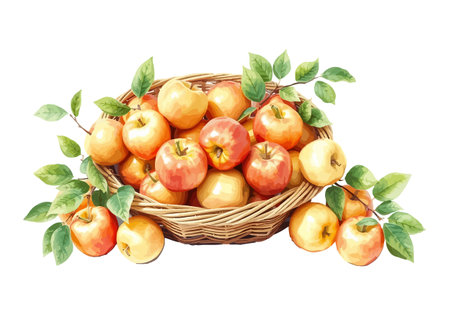 Watercolor vector illustration of a basket full of apples. AI generated.の素材