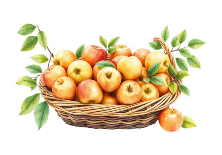 Watercolor vector illustration of a basket full of apples. AI generated.の素材