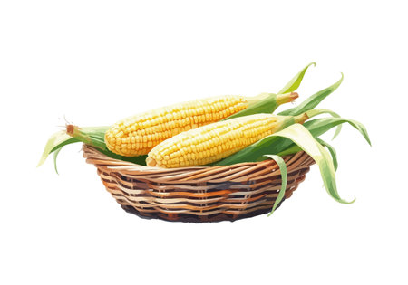 Basket with corn cobs watercolor vector illustration. AI generated.の素材